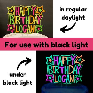 Personalized Neon Happy Birthday Cake Topper, Retro 80s Glow Party Sign, UV Reflective Cake Decoration, Fluorescent Custom Name Centerpiece