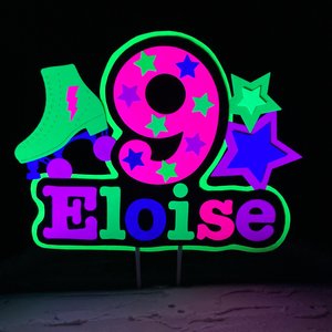 13th Birthday Party Neon Cake Topper, Personalized Roller Skate Glow Party Cake Decoration with Name and Age, , Fluorescent Star Centerpiece