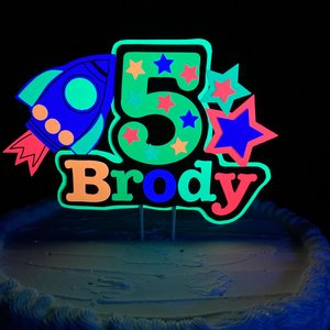 Spaceship Glow Party Kids Cake Topper, Space-theme birthday, Personalized Neon UV Reflective Cake Centerpiece, Black Light Fluorescent Decor