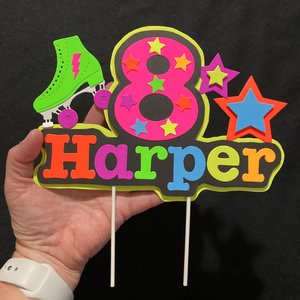 13th Birthday Party Neon Cake Topper, Personalized Roller Skate Glow Party Cake Decoration with Name and Age, , Fluorescent Star Centerpiece