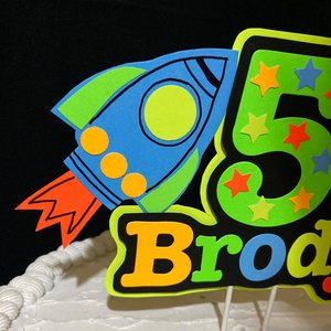 Spaceship Glow Party Kids Cake Topper, Space-theme birthday, Personalized Neon UV Reflective Cake Centerpiece, Black Light Fluorescent Decor
