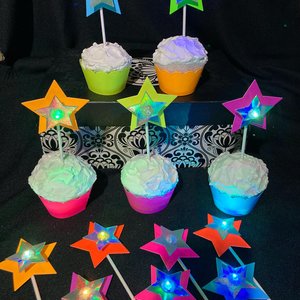 LED flashing star cupcake picks, Glow in the dark star cupcake toppers, UV reflective neon party decorations, Black light birthday decor
