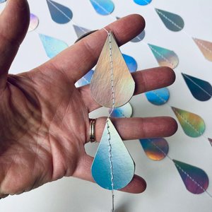 Iridescent Raindrop Garland, Holographic, Baby Sprinkle Decor, Baby Shower Decoration, Gender Reveal Shower, Shimmer Raindrops, Silver Rain