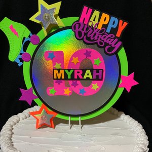 Skate Birthday Party Cake Topper with name and age, Glow Party Cake Decor, Neon Roller Skate Decoration, Personalized Blacklight Centerpiece