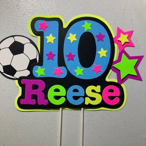 Soccer Birthday Cake Topper, Neon Glow Party Cake Decoration with Name and Age, , Fluorescent Black Light Centerpiece, Sports Birthday Event