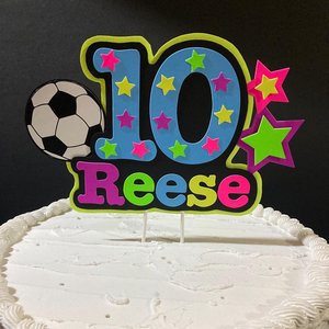 Soccer Birthday Cake Topper, Neon Glow Party Cake Decoration with Name and Age, , Fluorescent Black Light Centerpiece, Sports Birthday Event