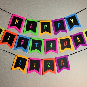 Fluorescent Neon Birthday Banner, Glow Party Sign, Retro 80s Birthday Party, Black Light Party, Skate or Bowling Party, UV reflective sign