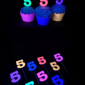 Set of 12 Glow Birthday Party Cupcake Toppers, Neon Number Picks, UV Reflective Cake Topper with Age, Retro 80s Birthday Celebration Decor