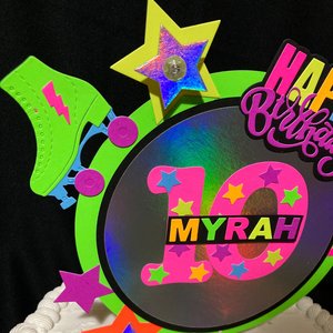 Skate Birthday Party Cake Topper with name and age, Glow Party Cake Decor, Neon Roller Skate Decoration, Personalized Blacklight Centerpiece
