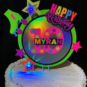 Skate Birthday Party Cake Topper with name and age, Glow Party Cake Decor, Neon Roller Skate Decoration, Personalized Blacklight Centerpiece