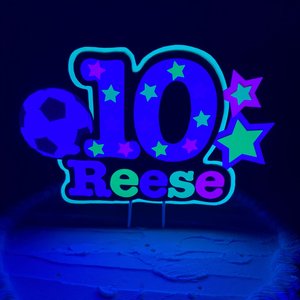 Soccer Birthday Cake Topper, Neon Glow Party Cake Decoration with Name and Age, , Fluorescent Black Light Centerpiece, Sports Birthday Event