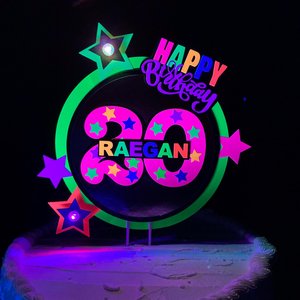 Neon Birthday Cake Topper with LED lights, Rave party centerpiece, Colorful cake decoration, black light house party, 20th birthday decor