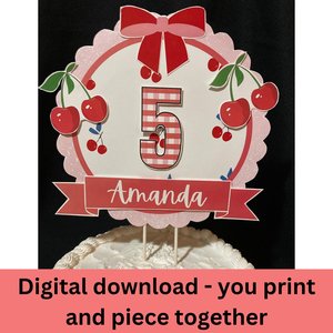 Cherry Party Cake Topper, DIY Printable Cake Decoration, Cherry-theme Celebration, First Birthday, Digital Download Centerpiece, Red Gingham