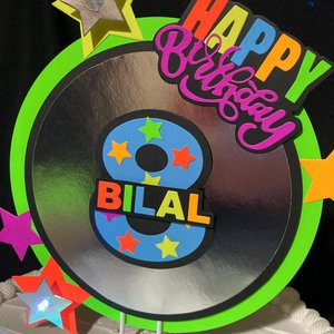 Neon cake topper with LED lights, Laser birthday, Fun kid's party decor, Colorful cake centerpiece, boy glow bowling party, UV reflective