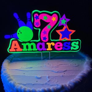 Bowling Birthday Party Cake Topper, Personalized Glow Party Cake Decoration with Name and Age, Colorful Neon Fluorescent Centerpiece