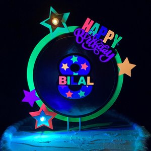 Neon Birthday Cake Topper with LED lights, Rave party centerpiece, Colorful cake decoration, black light house party, 20th birthday decor