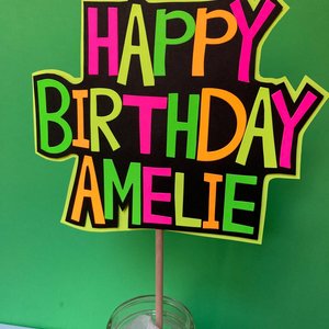 Neon Happy Birthday Centerpiece, Glow Party Table Decoration, Personalized Mason Jar Stick Centerpiece, Custom Black Light Photo Booth Prop