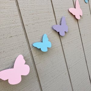 Pastel Butterfly Wedding Garland, Butterfly Party, Spring Bridal Decoration, Pink Celebration Bunting, Hanging Outdoor Wedding Streamers