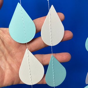 Blue and white raindrop garland, Boy baby shower, Dangling paper raindrops, Fake rain, Baby sprinkle backdrop, Baby shower decoration
