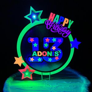 Neon cake topper with LED lights, Laser birthday, Fun kid's party decor, Colorful cake centerpiece, boy glow bowling party, UV reflective