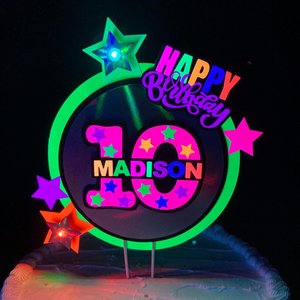 Neon cake topper with LED lights, Laser birthday, Fun kid's party decor, Colorful cake centerpiece, boy glow bowling party, UV reflective