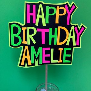 Neon Happy Birthday Centerpiece, Glow Party Table Decoration, Personalized Mason Jar Stick Centerpiece, Custom Black Light Photo Booth Prop