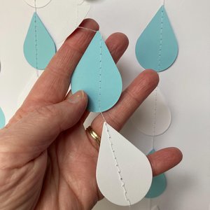Blue and white raindrop garland, Boy baby shower, Dangling paper raindrops, Fake rain, Baby sprinkle backdrop, Baby shower decoration