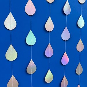 Iridescent Raindrop Garland, Holographic, Baby Sprinkle Decor, Baby Shower Decoration, Gender Reveal Shower, Shimmer Raindrops, Silver Rain