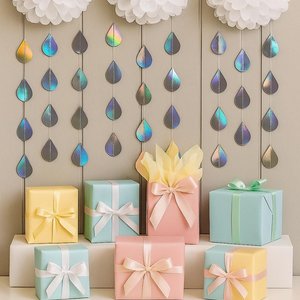 Iridescent Raindrop Garland, Holographic, Baby Sprinkle Decor, Baby Shower Decoration, Gender Reveal Shower, Shimmer Raindrops, Silver Rain