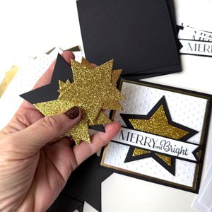 Handmade Christmas Card Kit, Elegant black and gold star card, Merry and Bright, Glitter Star Christmas Card craft Set, Blank Note Cards