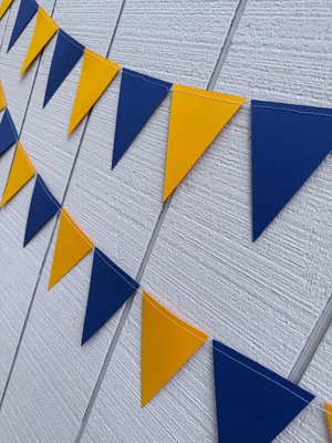 Large Blue and Gold Pennant Garland, UC Berkeley Graduation, Bed Party Bunting, Decision Day, Dorm Decor, Michigan, Notre Dame, California