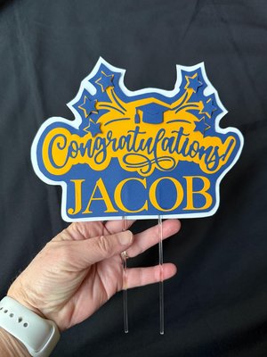 Navy and gold graduation cake topper, personalized Congratulations cake sign with name, University of California decor, U of Michigan