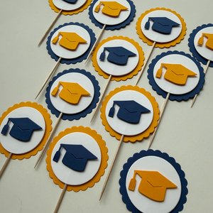 Navy and gold graduate cupcake topper, Graduation cap cupcake pick, Berkeley graduation decoration, University of Michigan graduate decor
