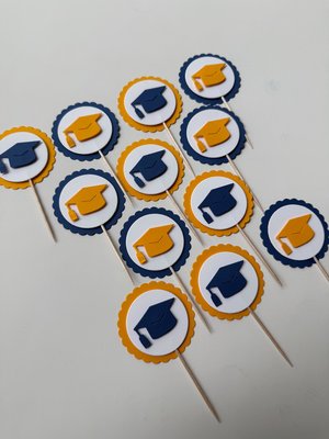 Navy and gold graduate cupcake topper, Graduation cap cupcake pick, Berkeley graduation decoration, University of Michigan graduate decor
