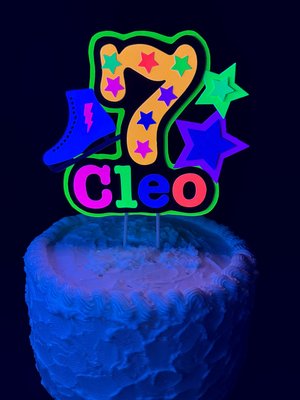 Ice Skate Birthday Party Cake Topper, Personalized Neon Glow in the Dark Decoration