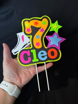 Ice Skate Birthday Party Cake Topper, Personalized Neon Glow in the Dark Decoration
