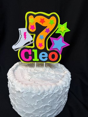Ice Skate Birthday Party Cake Topper, Personalized Neon Glow in the Dark Decoration