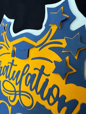 Navy and gold graduation cake topper, personalized Congratulations cake sign with name, University of California decor, U of Michigan