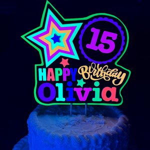 Quinceañera Glow Party Cake Topper, Blacklight Birthday Sign, Personalized Cake Decoration with Name and Age