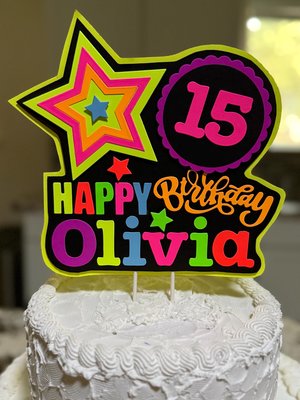 Quinceañera Glow Party Cake Topper, Blacklight Birthday Sign, Personalized Cake Decoration with Name and Age