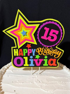 Quinceañera Glow Party Cake Topper, Blacklight Birthday Sign, Personalized Cake Decoration with Name and Age