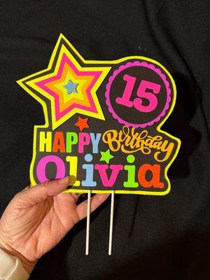 Quinceañera Glow Party Cake Topper, Blacklight Birthday Sign, Personalized Cake Decoration with Name and Age