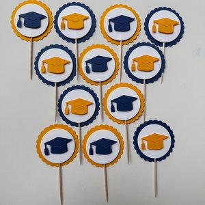 Navy and gold graduate cupcake topper, Graduation cap cupcake pick, Berkeley graduation decoration, University of Michigan graduate decor