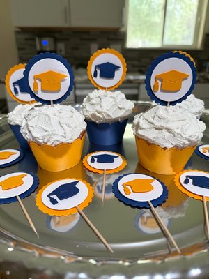 Navy and gold graduate cupcake topper, Graduation cap cupcake pick, Berkeley graduation decoration, University of Michigan graduate decor