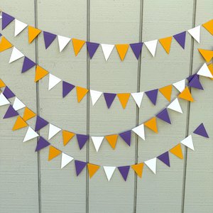 Purple Gold White Pennant Flag Garland, Graduation Decoration, Bed Party, Dorm Decor, LSU, University of Washington, ECU, Western Illinois