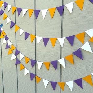 Purple Gold White Pennant Flag Garland, Graduation Decoration, Bed Party, Dorm Decor, LSU, University of Washington, ECU, Western Illinois