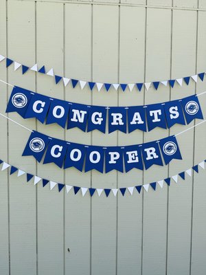Royal blue and white graduation banner, Congrats personalized sign, Grad party decor, University of Kentucky, Buffalo, Dubuque, Saint Louis