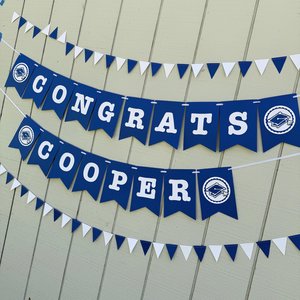 Royal blue and white graduation banner, Congrats personalized sign, Grad party decor, University of Kentucky, Buffalo, Dubuque, Saint Louis