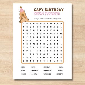 Capybara Word Search Printable Game | Capybara Party Activity for Kids | Instant Download Birthday Party Game | Animal Birthday Printable
