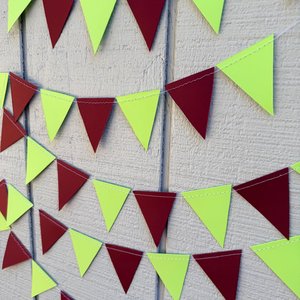 Burgundy and Chartreuse Wedding Decor, Paper Triangle Bunting, Dangling Garland, Trendy Color Wedding Decoration, Reception Tent Decor